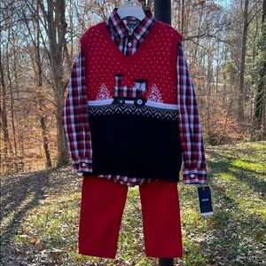 Izod Red and Black Train Sweater Vest with Plaid Shirt and Red Pants